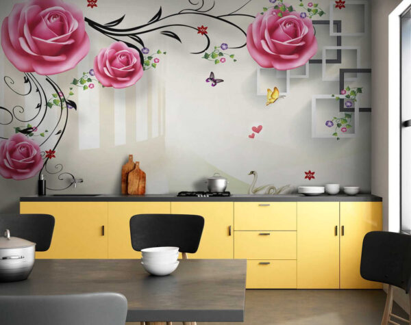 Papel pintado con rosas y pájaros Papel pintado con rosas y pájaros
