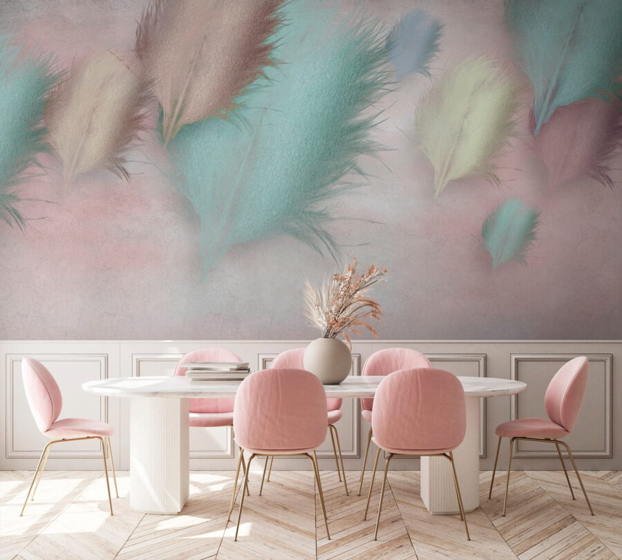 Grupo de plumas sobre fondo rosa