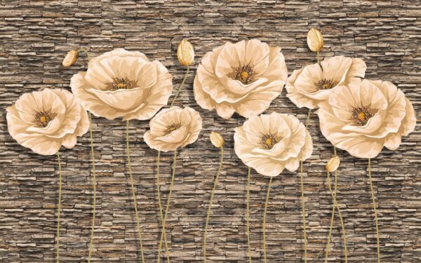 Grupo de flores en una pared de ladrillo Grupo de flores en una pared de ladrillo