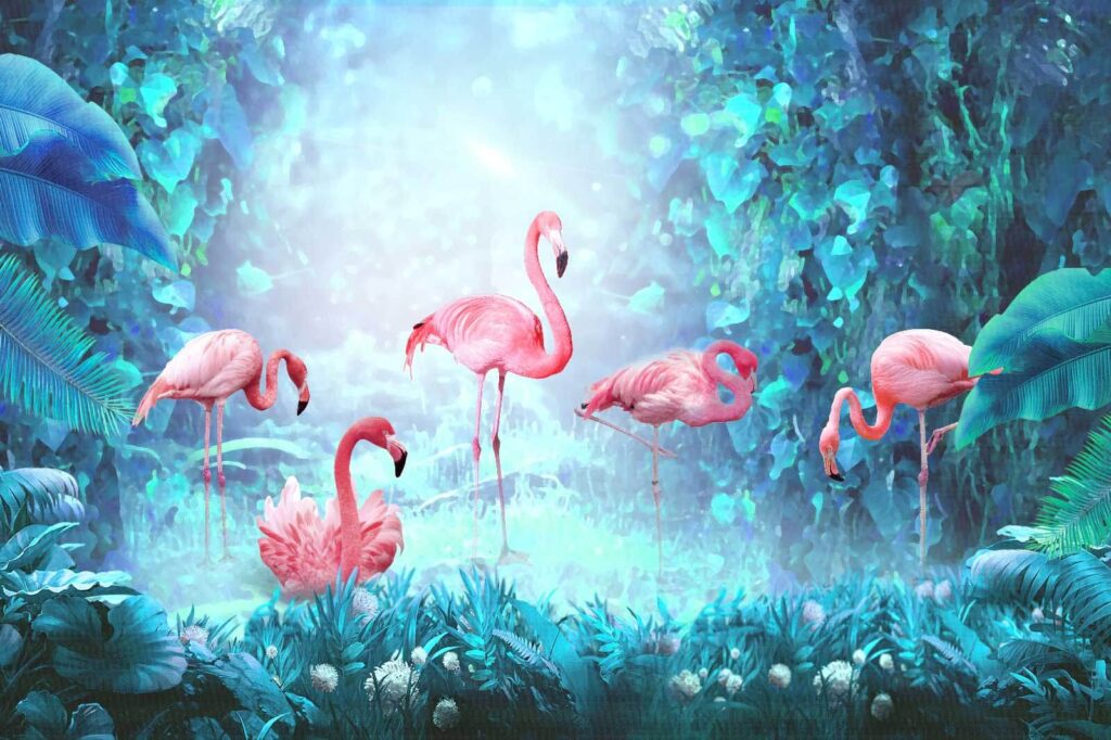 Grupo de flamencos rosas en un bosque Grupo de flamencos rosas en un bosque