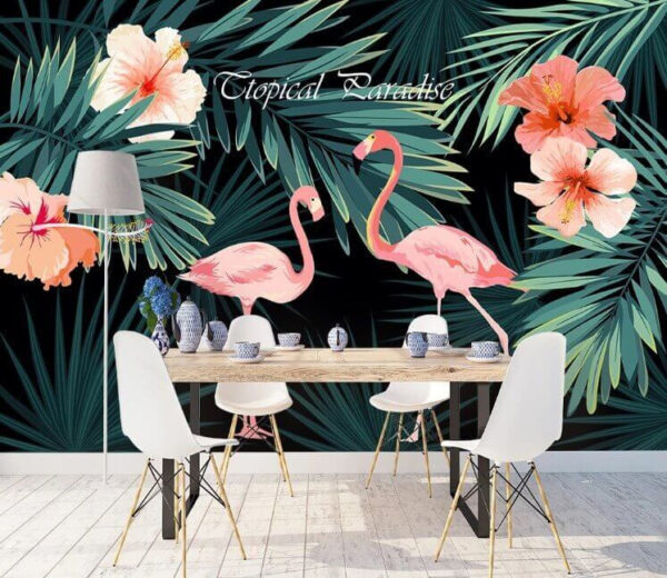 Fotomurales Fotomurales Pareja de flamencos rosas y flores (SKU: u45049)