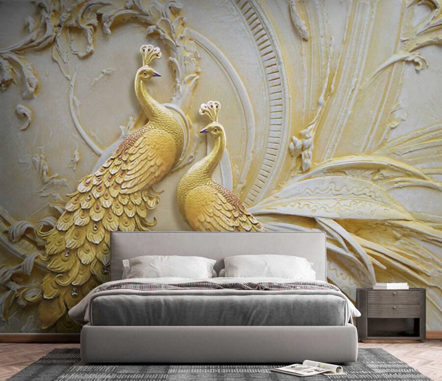 Elegantes pavos reales en relieve ornamentado