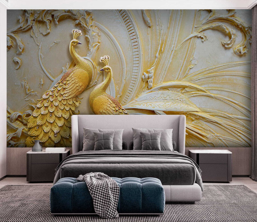 Elegantes pavos reales en relieve ornamentado