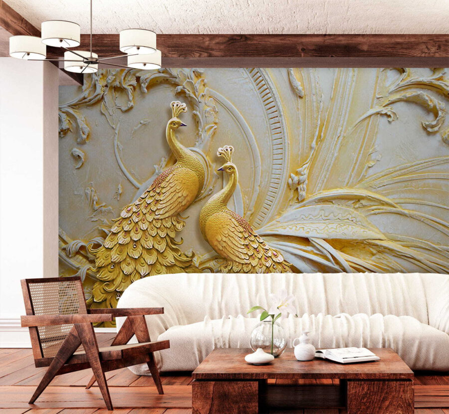 Elegantes pavos reales en relieve ornamentado