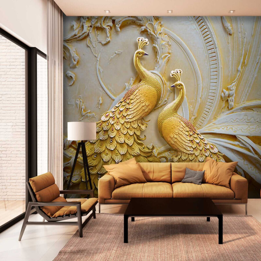 Elegantes pavos reales en relieve ornamentado