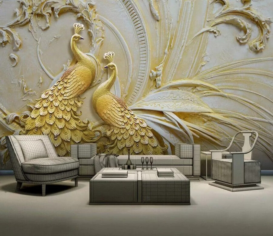 Elegantes pavos reales en relieve ornamentado