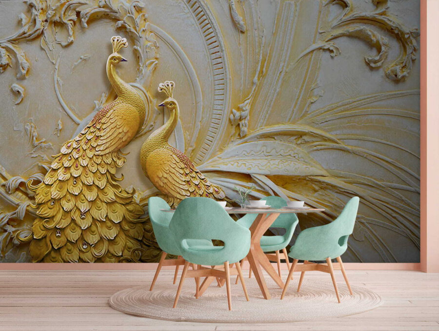 Elegantes pavos reales en relieve ornamentado