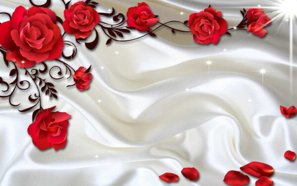 Raso blanco con rosas y pétalos rojos Raso blanco con rosas y pétalos rojos