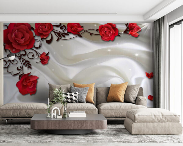 Raso blanco con rosas y pétalos rojos Raso blanco con rosas y pétalos rojos
