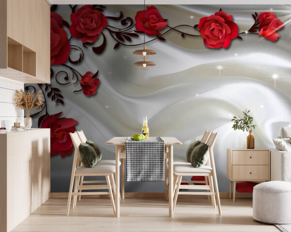 Raso blanco con rosas y pétalos rojos Raso blanco con rosas y pétalos rojos