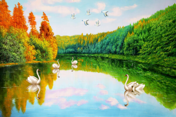 Pintura de cisnes en un lago Pintura de cisnes en un lago