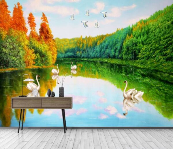 Pintura de cisnes en un lago Pintura de cisnes en un lago
