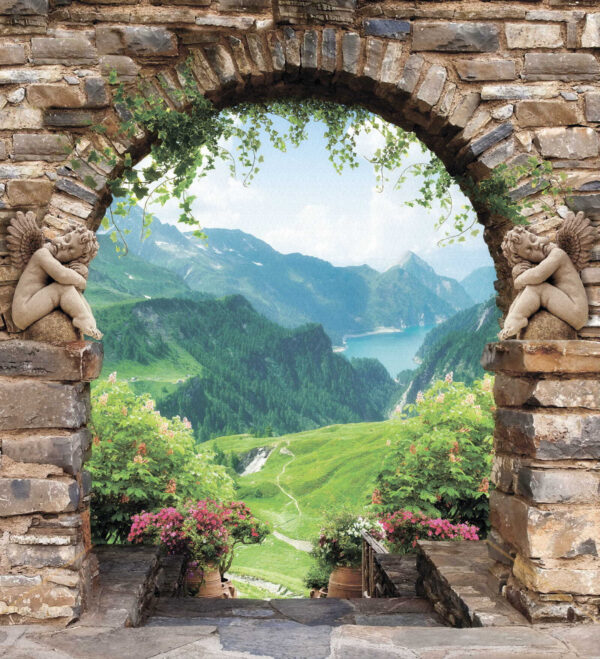 Arco de piedra con estatuas de piedra y vistas a un valle y montañas Arco de piedra con estatuas de piedra y vistas a un valle y montañas