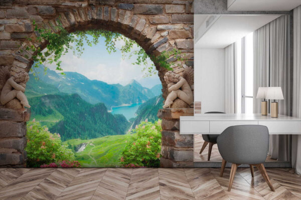 Arco de piedra con estatuas de piedra y vistas a un valle y montañas Arco de piedra con estatuas de piedra y vistas a un valle y montañas