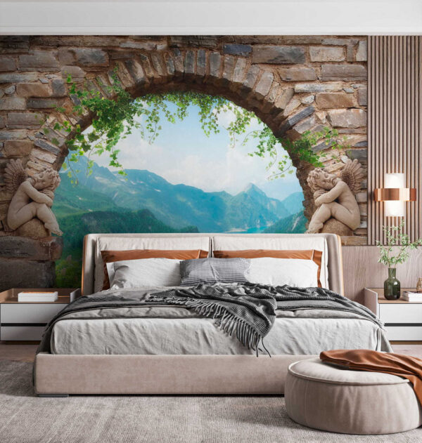 Arco de piedra con estatuas de piedra y vistas a un valle y montañas Arco de piedra con estatuas de piedra y vistas a un valle y montañas
