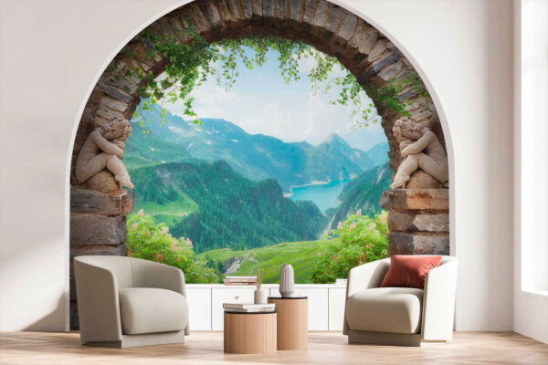 Arco de piedra con estatuas de piedra y vistas a un valle y montañas Arco de piedra con estatuas de piedra y vistas a un valle y montañas