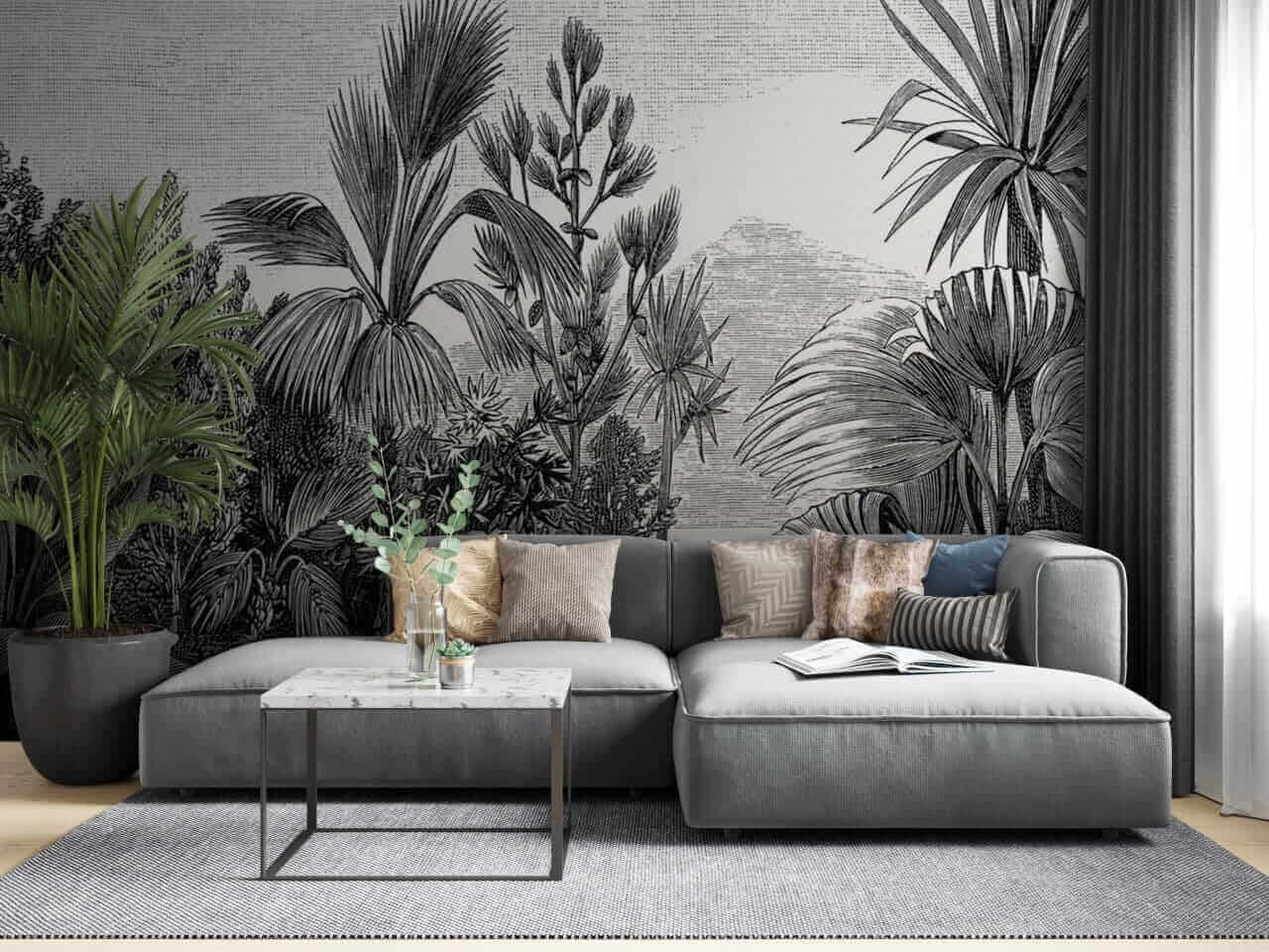 u52597pig2m - Dibujo en blanco y negro de un bosque tropical - tegory