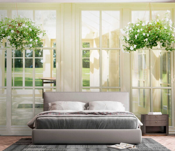 Puerta de patio blanca con ventanas de cristal y una maceta de ella Puerta de patio blanca con ventanas de cristal y una maceta de ella