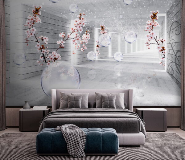 Habitación blanca con flores y burbujas Habitación blanca con flores y burbujas