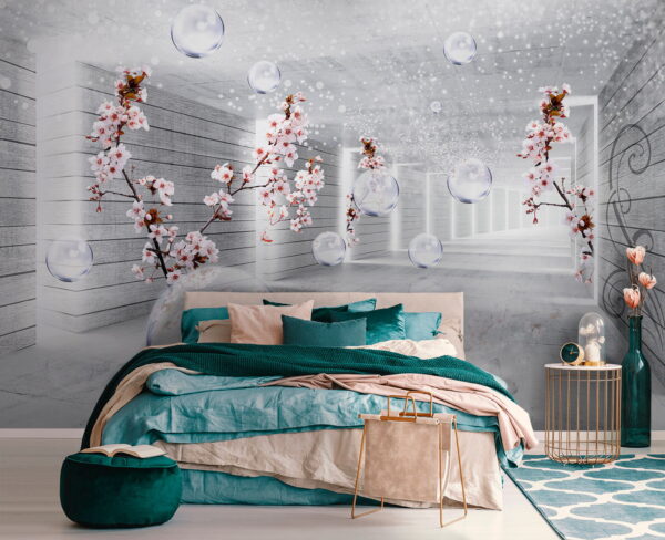 Habitación blanca con flores y burbujas Habitación blanca con flores y burbujas