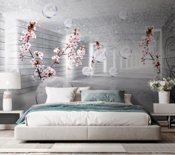 Habitación blanca con flores y burbujas Habitación blanca con flores y burbujas