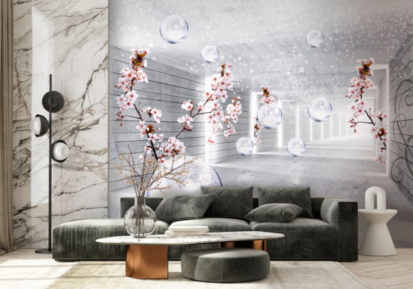 Habitación blanca con flores y burbujas Habitación blanca con flores y burbujas