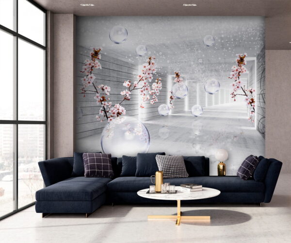 Habitación blanca con flores y burbujas Habitación blanca con flores y burbujas