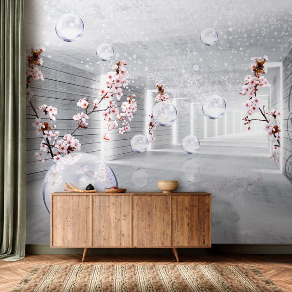 Habitación blanca con flores y burbujas Habitación blanca con flores y burbujas