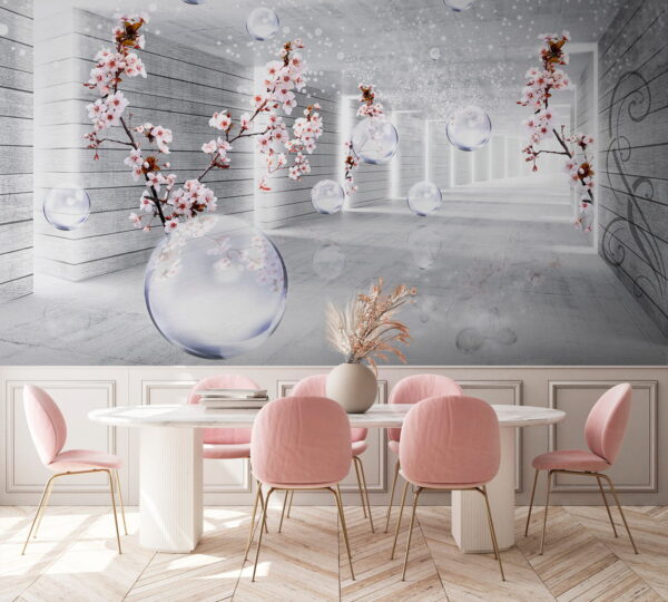 Habitación blanca con flores y burbujas Habitación blanca con flores y burbujas
