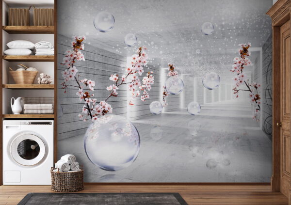 Habitación blanca con flores y burbujas Habitación blanca con flores y burbujas