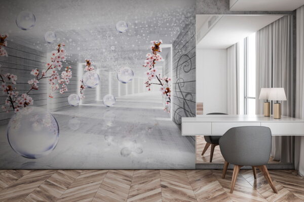 Habitación blanca con flores y burbujas Habitación blanca con flores y burbujas