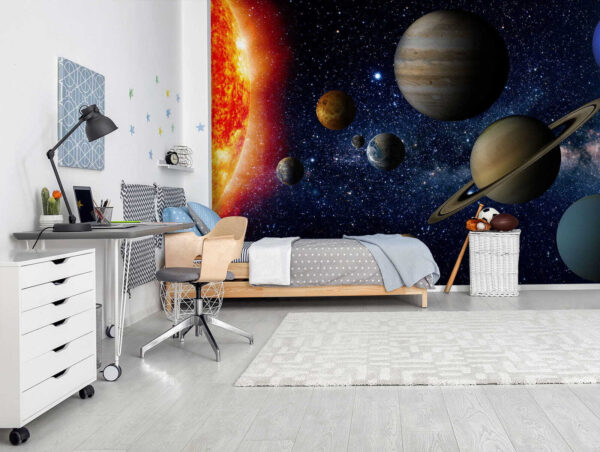 Planetas en el espacio con estrellas y una estrella brillante Planetas en el espacio con estrellas y una estrella brillante