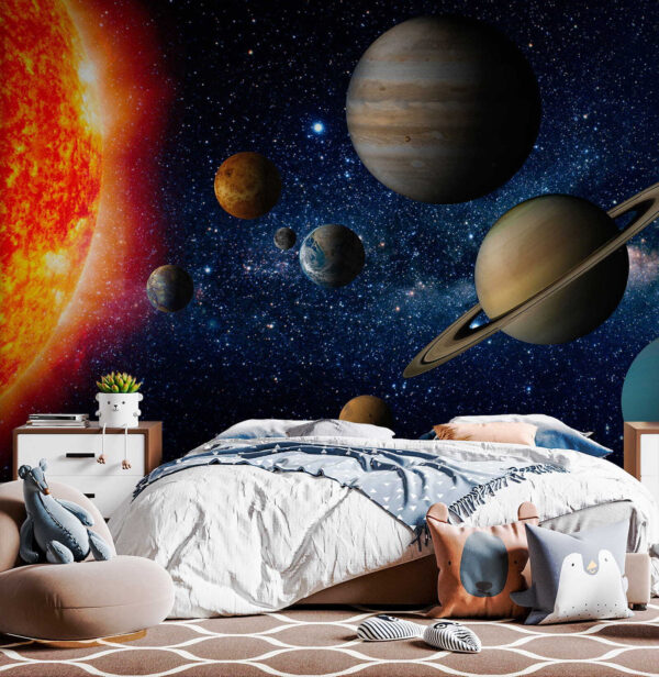 Planetas en el espacio con estrellas y una estrella brillante Planetas en el espacio con estrellas y una estrella brillante