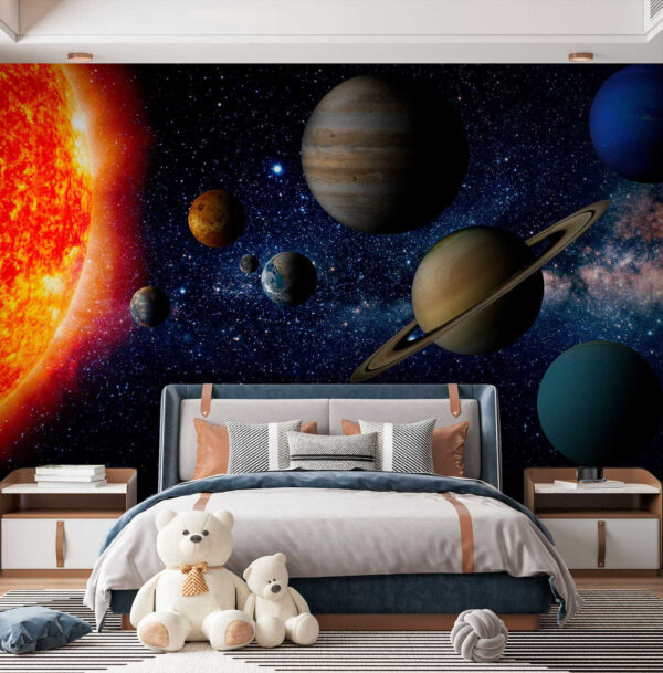 Planetas en el espacio con estrellas y una estrella brillante Planetas en el espacio con estrellas y una estrella brillante