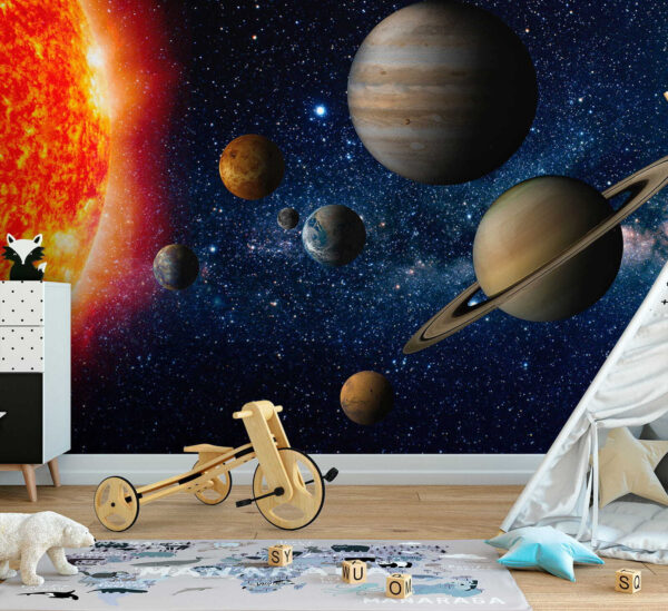 Planetas en el espacio con estrellas y una estrella brillante Planetas en el espacio con estrellas y una estrella brillante
