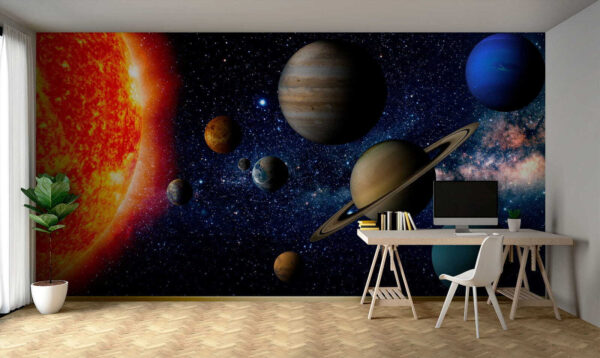 Planetas en el espacio con estrellas y una estrella brillante Planetas en el espacio con estrellas y una estrella brillante