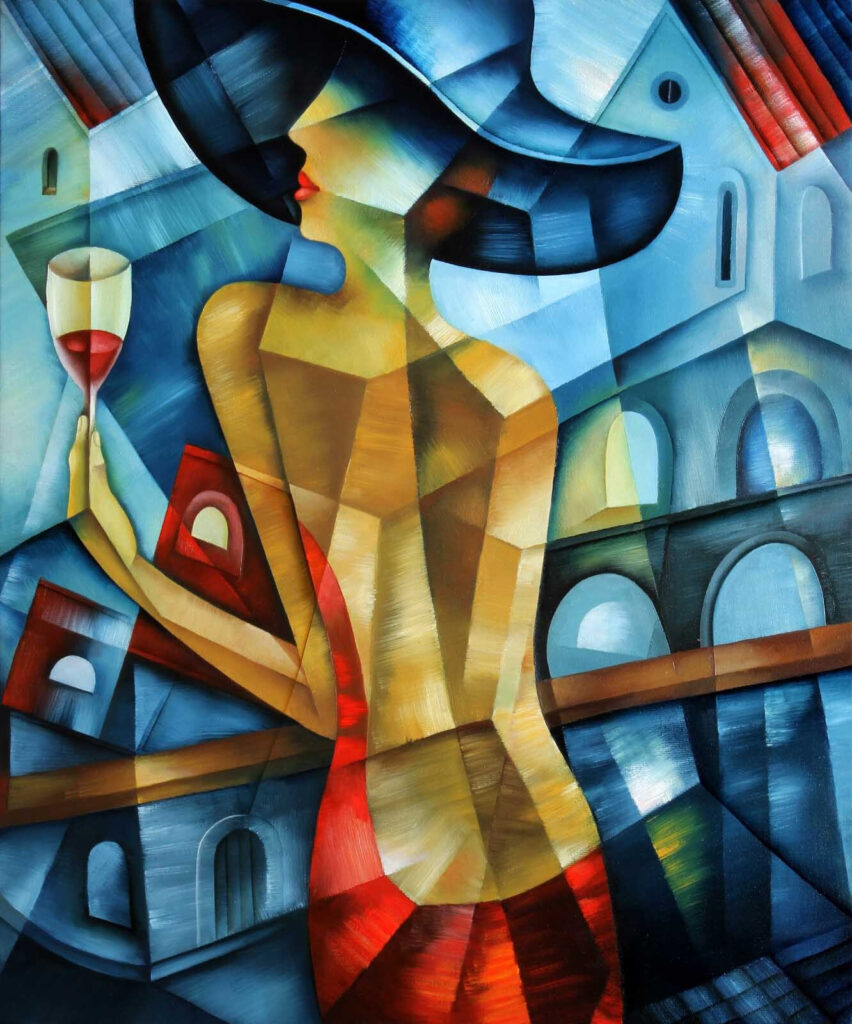 Pintura de una mujer con una copa de vino en la mano Pintura de una mujer con una copa de vino en la mano