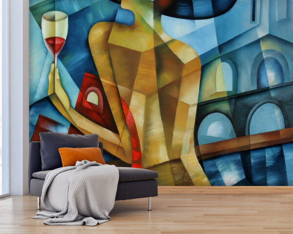 Pintura de una mujer con una copa de vino en la mano Pintura de una mujer con una copa de vino en la mano