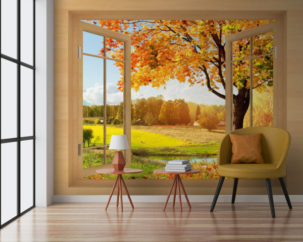 Ventana con árboles y un río Ventana con árboles y un río