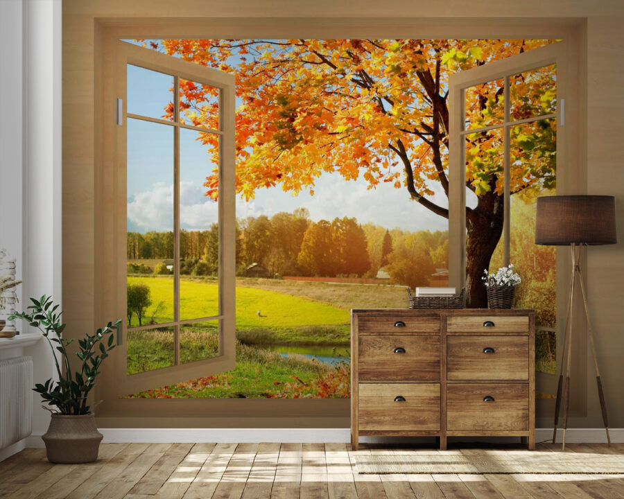 Ventana con árboles y un río Ventana con árboles y un río