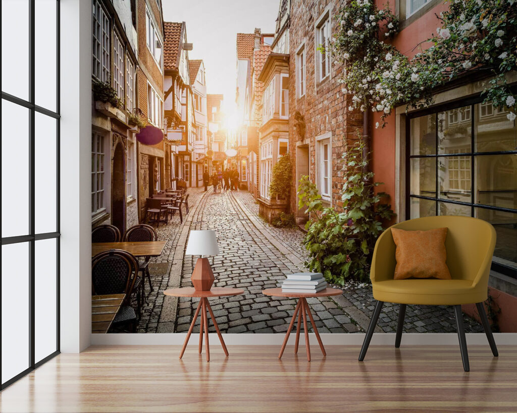 Street with buildings and tables and chairs