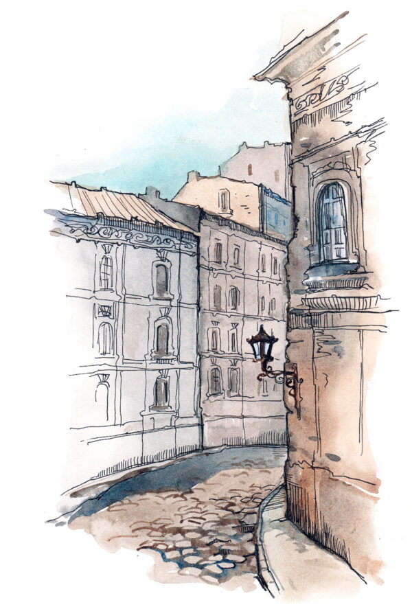 Dibujo de una calle con edificios Dibujo de una calle con edificios