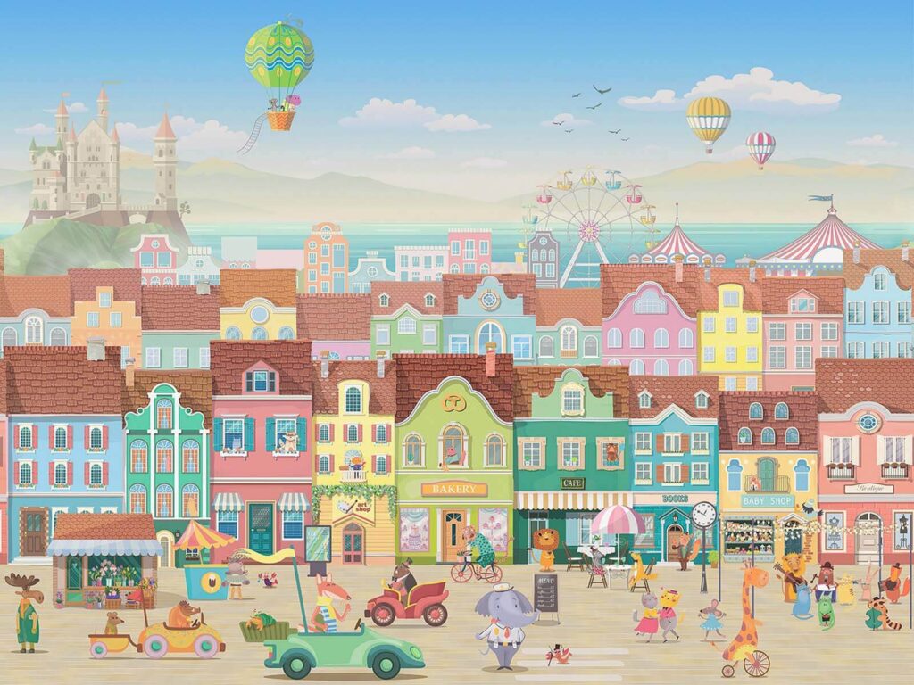 Ciudad de dibujos animados con muchos edificios y una noria Ciudad de dibujos animados con muchos edificios y una noria