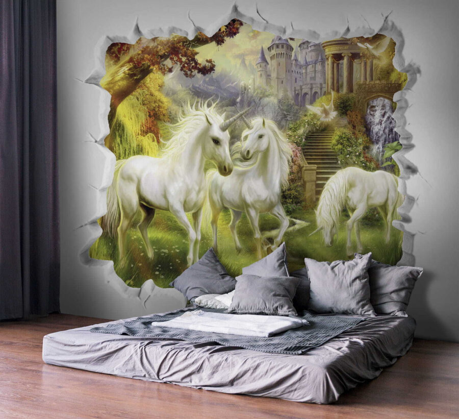Muro con un castillo y unicornios