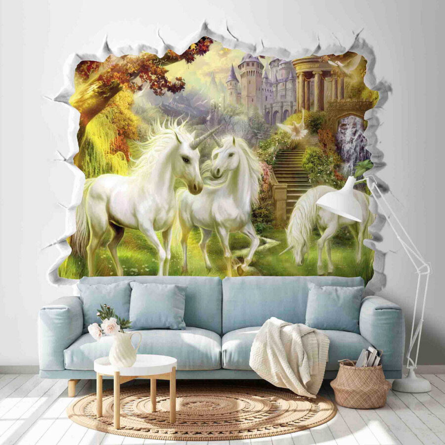 Muro con un castillo y unicornios