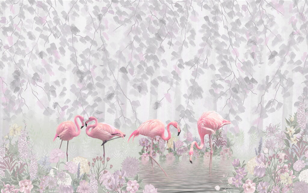 Grupo de flamencos rosas en un estanque con flores Grupo de flamencos rosas en un estanque con flores