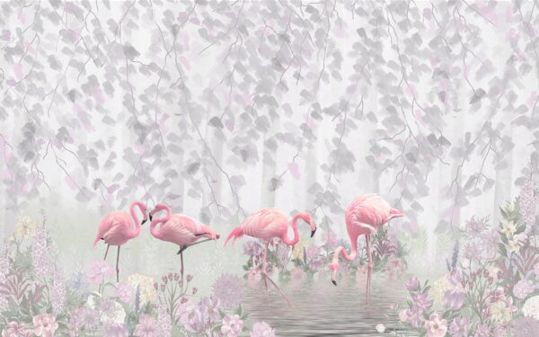 Grupo de flamencos rosas en un estanque con flores Grupo de flamencos rosas en un estanque con flores