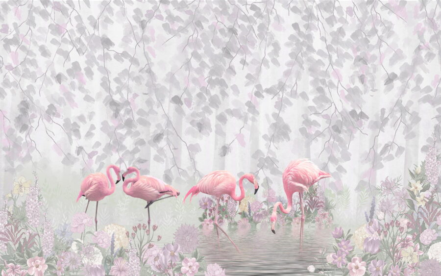Grupo de flamencos rosas en un estanque con flores
