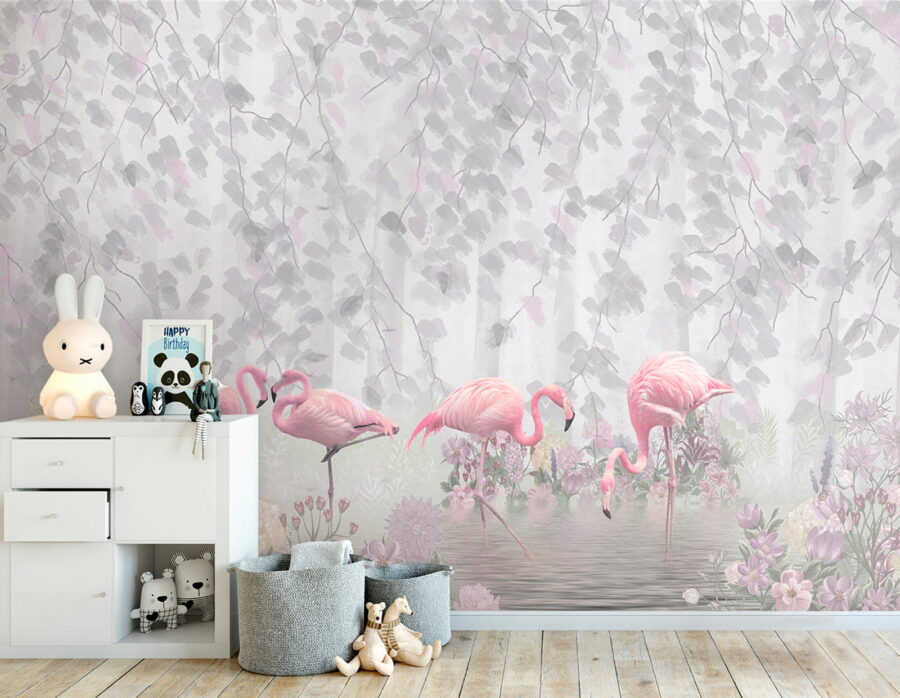 Grupo de flamencos rosas en un estanque con flores