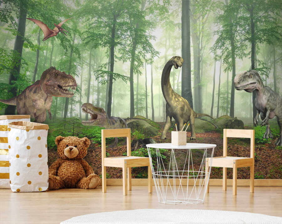 Grupo de dinosaurios en un bosque